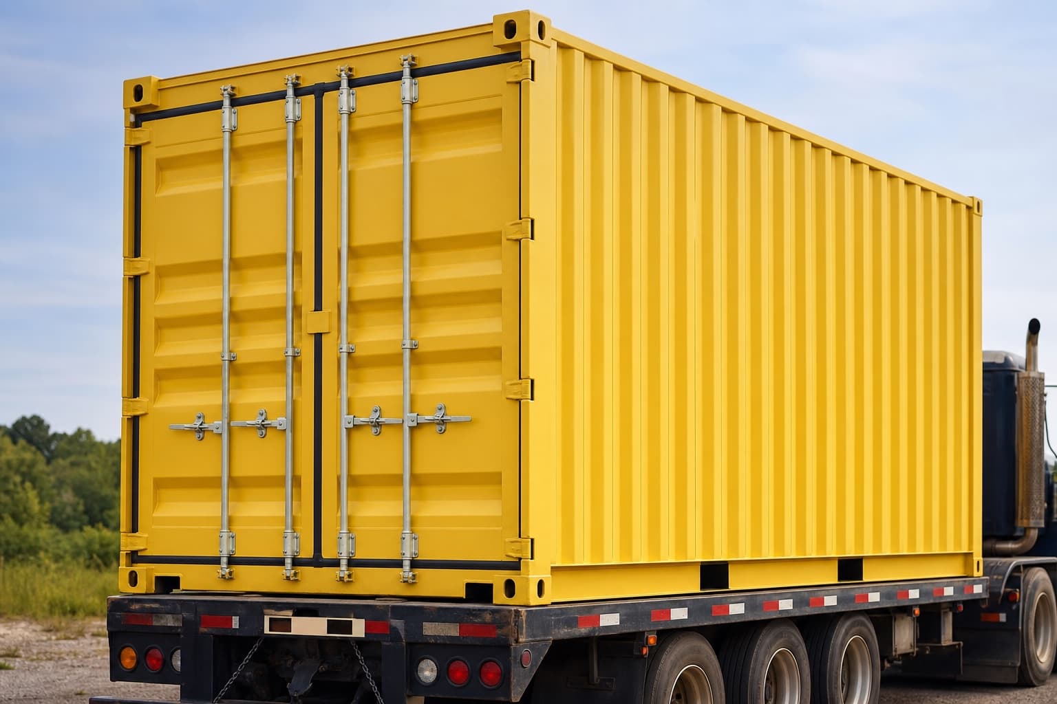 Yellow shipping container on a delivery truck